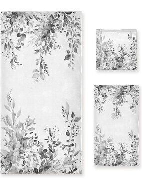3 Pack Grey Eucalyptus Bath Towels Set - Vintage Floral Leaf Hand & Dish Towels